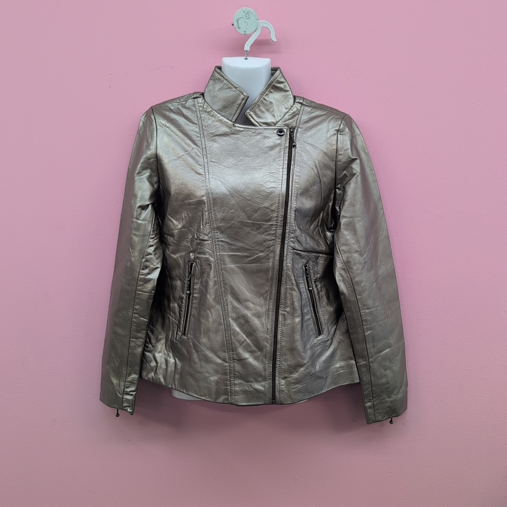 La Marey Genuine Lamb Leather Zip Up Women's Jacket Large Neutral Shimmer